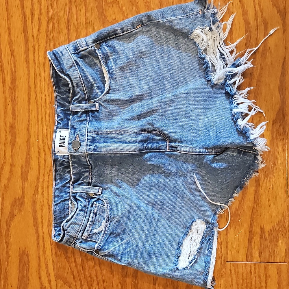 PAIGE Blue Distressed Jean Shorts - Picture 3 of 8